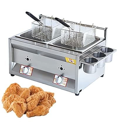 ZYLEDW Professionelle Gas Fritteuse, 10 L + 10 L Große Edelstahl LPG Dual Fritteuse, Freistehende Temperaturregelung, mit 2 Frittierkörben, Für Gewerbliche Restaurant-Heimküche