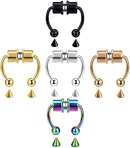 VitaCool Magnetic Septum Nose Ring Horseshoe Stainless Steel Faux Fake Septum Fake Nose Rings Non Piercing Clip On Nose Hoop Ring Nose Jewelry for Women Men Teenager(T5-Piece set)