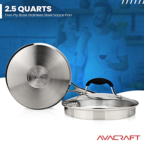 Avacraft Stainless Steel Saucepan With Glass Lid, Strainer Lid, Two Side Spouts For Easy Pour With Ergonomic Handle, Multipurpose Sauce Pan With Lid, Sauce Pot (Tri-Ply Capsule Bottom, 2.5 Quart) #TOP3