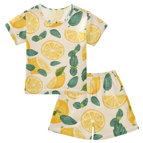 ALAZA Lemon Leaves Cartoon Summer Pajamas Short Sleeve 2 Piece Sleepwear Top and Bottom Pajama Set Unisex