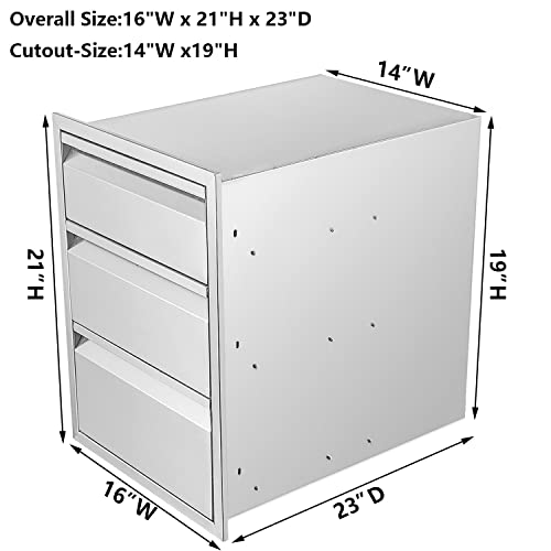 Image of 16 inch W Outdoor Kitchen Drawer Stainless Steel BBQ Triple Drawer Flush Mount for Outdoor Kitchen Island(Overall Size:16 inch W x 21 inch H x 23 inch D inch)