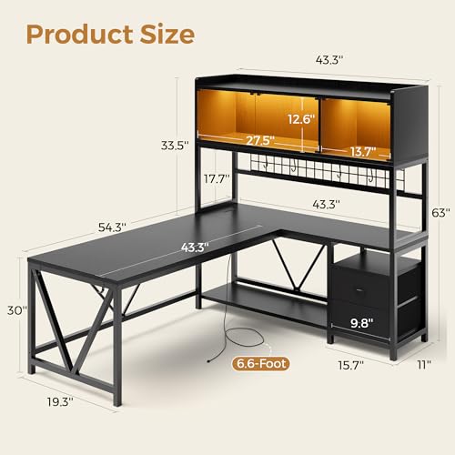 Image of L Shaped Gaming Desk with Fabric Drawers and Power Outlet, Corner Computer Desk with LED-Lit Tempered Glass Display Cabinet, L Shaped Office Desk with Storage,PC Desk for Gaming and Home Office, Black