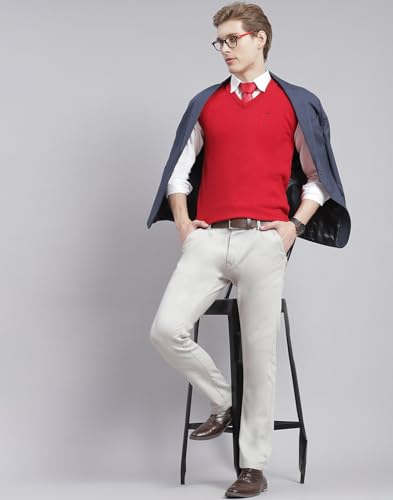 Image of Monte Carlo Off White Solid V Neck Sweater | Warm Woolen Pullover for Men | Soft Comfortable Knitted Winter Wear Sweater for Men's