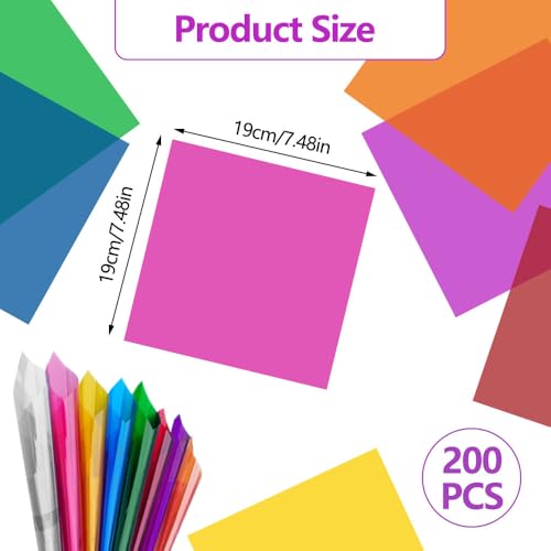 200 Blatt Farbige Zellophanfolie 19cm X 19cm, 8 Farben Quadratisch Cellophanfolie Bunte, Transparent Folien Bunte Farbige Zellophanfolie Fensterfolie für Candy Wrapping, Scrapbooking, DIY Basteln