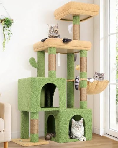Image of Globlazer 52in Cactus Cat Tree Tower for Indoor Cats, 2 Condos, S52, Green | Multi-Level Plush House, 5 Sisal Scratching Posts, 2 Padded Top Perches, Big Metal Basket, Stable Enlarged Base