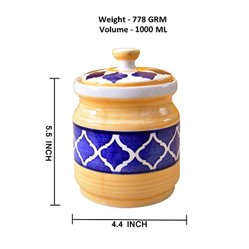 Image of Ceramic Jars (1000 ML) - Handcrafted Multipurpose Barni with Lid for Pickle, Chutney, Spices, Salt, Sugar - Kitchen Storage Containers, Yellow Blue