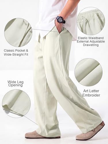 Areant Mens Lightweight Summer Pants Baggy Loose Fit Breathable Casual Sweat Pants Elastic Waist Drawstring for Beach Vacation Lounge Beige X-Small — view 4