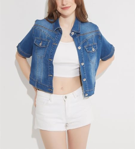 Women Short Sleeve Denim Jacket Button Down Shawl Stretch Denim Jean Jacket2