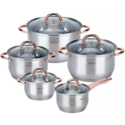 Kinghoff (KH-1764) Lot de 10 casseroles Ă induction avec couvercle en verre - En acier inoxydable mat - Convient pour tous les types de plaques de cuisson - Passe au lave-vaisselle
