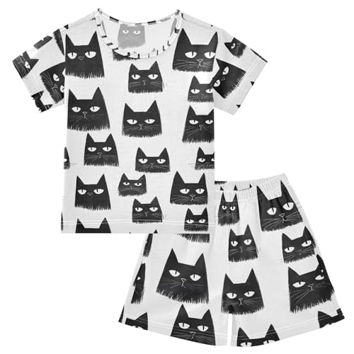 ALAZA Black Cat Pajamas Set Short Sleeve Cotton Sleepwear Summer Pjs 2 Piece 5-14Y