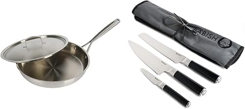 Babish Sartén de acero inoxidable de 12 pulgadas y cubiertos de acero alemán (3 piezas) con rollo de lona