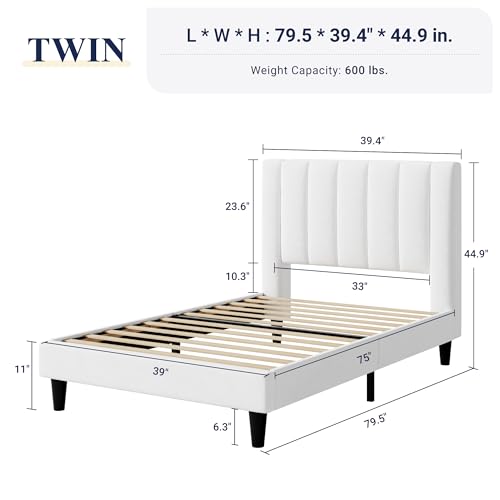 Image of Allewie Twin Bed Frame /Velvet Upholstered Bed Frame with Vertical Channel Tufted Headboard /Strong Wooden Slats /Platform Bed Frame /Mattress Foundation /Box Spring Optional /Easy Assembly /White