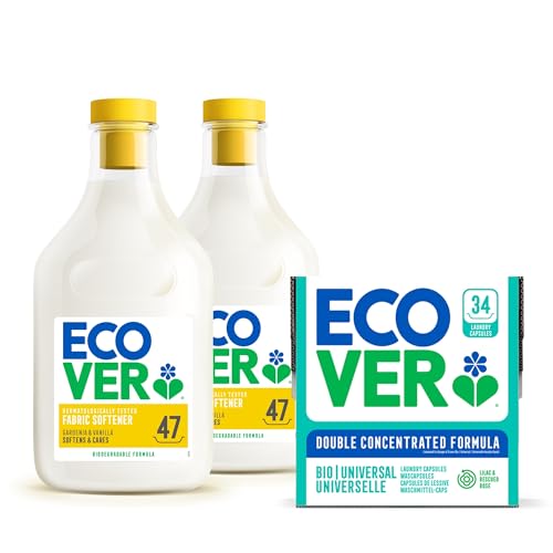 Ecover Bio Washing Capsules - Laundry Capsules/Tablets - Lilac & Rescued Rose Scent, 1x Pack of 34 & Ecover Fabric Softener, Gardenia & Vanilla, 2 x 47 Washes