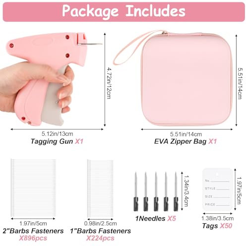 BEVTEE Price Tagging Guns for Clothes (Not Stitch Gun), Retail Price Tag Attacher Guns for Clothing, Includes 5 Needles, 1120 Barbs Fasteners-0.98\'\' and 1.96\'\', 50Pcs Price Tags, 1 Hard EVA Bag(Pink)