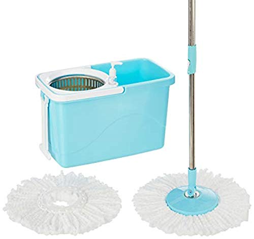 Amazon Brand - Presto! Spin Mop, Rectangular Bucket with Steel Basket and in-built wheels, 2 Refills