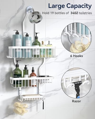 YASONIC Shower Caddy Hanging - Never Rust Shower Organizer - Aluminum over The shower head caddy with 10 Hooks for Razor/Sponge - Shower Rack with Soap Basket - White