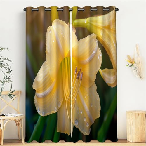 GSAEIMCT Stampa 3D Tenda Oscurante Con Occhielli Giallo Emerocallide Termica Isolante Riduzione Rumore Insonorizzata Tendaggi Piante Naturali Per Soggiorno Camera Da Letto Cucina 140x280cm(L x A)