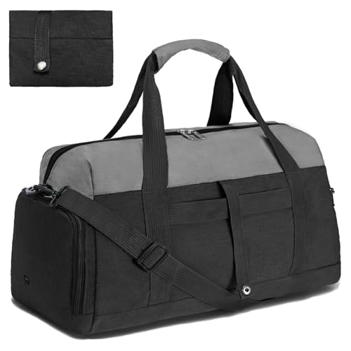 Gym Bags for Women Men with Wet & Shoe Compartment, 40L Foldable Travel Duffle Bag, Lightweight Weekender Overnight Duffel Bag for Traveling Sports Gym(Black)