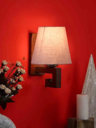 Image of Wall Lamp with Wooden Base (H- 10.9 Inch, Pinkish Grey) Wall Sconce for Bedroom /Living Room, Study Room, Home Office Decor | Decorative Indoor Lighting, Warm Ambient Night Lamp | Flared Shape