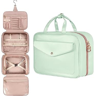 AMAZON - Travel Toiletry Bag for Women, Hanging Makeup Bag with Swivel Hook, Large Waterproof Cosmetic Bag Travel Organizer TSA Approved Full Sized Container for Toiletries, Cosmetics, Accessories, Mint Green