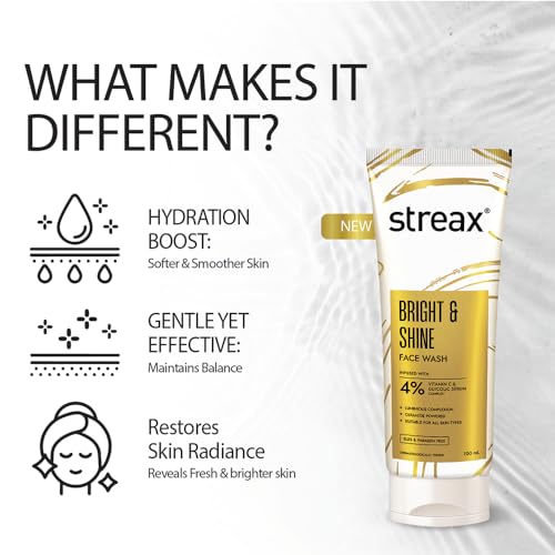 Image of Streax Skin Bright & Shine Face wash cleanser, 50 ml| 4% Vitamin C & Glycolic Serum Complex| Face wash for man & woman| Vitamin C face wash|SLES & Paraben Free| All skin types