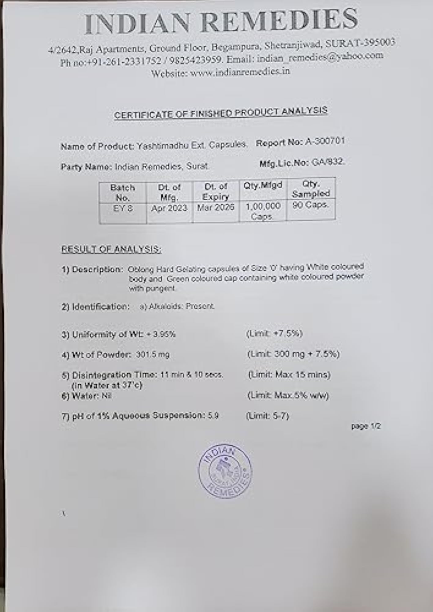 Indian Remedies Extract of Yashtimadhu Capsule