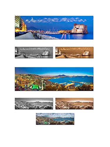 Impresión sobre lienzo 40 x 100 cm Nápoles, elige un artículo en la Personalización Panorama Vesuvio Palacio con marco de madera Alto 3,5 cm Made in Italy para casa Bar Restaurantes, regalo llavero,
