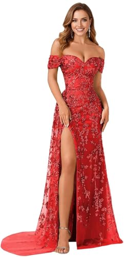 Tulle Prom Dress 2026 Long Lace Mermaid Off Shoulder Formal Evening Ball Gown with Slit Red