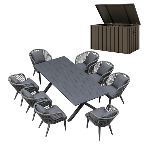 Image of PURPLE LEAF 9 Pieces Patio Dining Set with Storage Box Wicker Outdoor Furniture Rectangular Table and Chairs Set for Garden Deck Backyard Kitchen, Cushions and Pillows Included Grey
