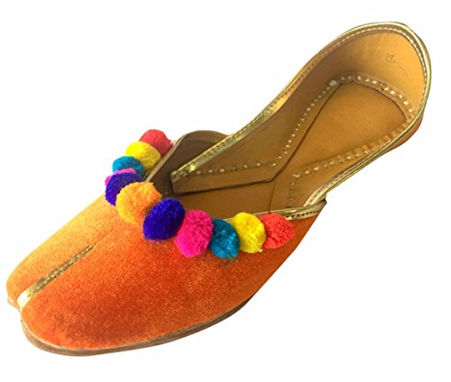 Step n Style Women Flat Velvet Multiflower Khussa Shoes Punjabi Jutti Handmade Mojari Loafer US 9.5 Orange