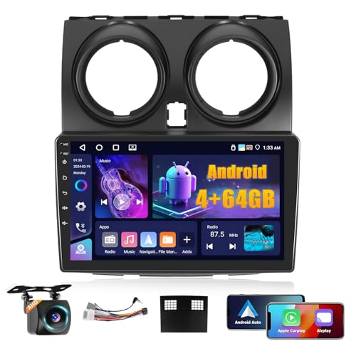Fuluku 4+64G Android Autoradio pour Nissan Qashqai J10 2006-2016 Wireless Carplay Android Auto, 9'' IPS Touch Screen Radio Voiture avec Bluetooth 5.0/GPS/Caméra de...
