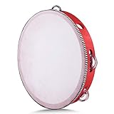 Flexzion Pandereta gallega de una sola fila - 25cm con 4 pares de sonajas, Pandereta profesional de mano, Pandereta infantil de madera para Navidad, niños, adultos, regalo, fiesta y KTV, Rojo
