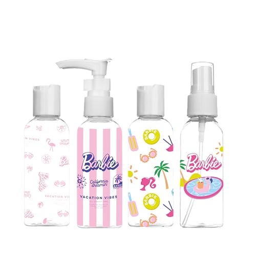 Barbie - Neceser Viaje Niños 4 Frascos 50ml - Kit Cabina Conforme Aerolíneas - Transparente e Impermeable - Ideal Vacaciones y Fines de Semana