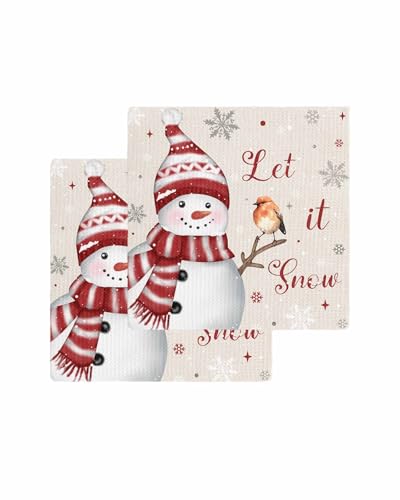 Hokiten Red Christmas Snowman Waffle Kitchen Towels Dishcloths, Xmas Snowflake Birds Absorbent Dish Towels | Hand Towels for Bathroom/Bar, 12 x 12 Inch, 2 Pcs