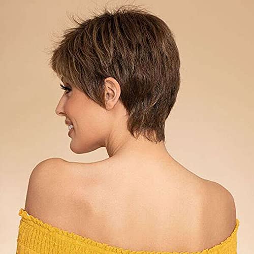 Renershow Short Ombre Brown Highlight Pixie Cut Wigs For White Women Heat Synthetic Side Part Wig With Bangs Dark Brown Mixed Blonde Layer Natural Short Hairstyles For Women #TOP2