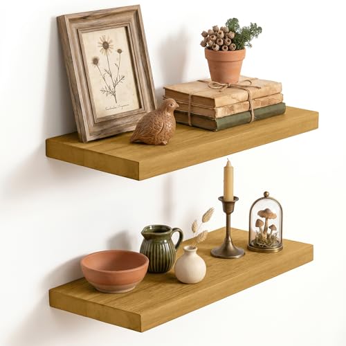 Image of Solid Wood Floating Shelves for Wall 20 inch,Natural Wooden Shelf Set of 2 | Rustic Wood Wall Floating Shelf with Invisible Brackets,Floating Wooden Shelves for Living Room,Bathroom,Bedroom,Kitchen