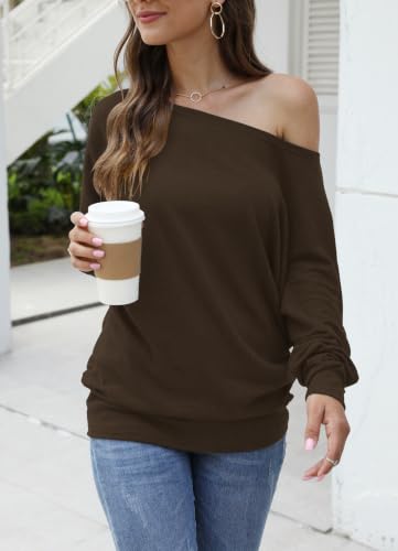 Image of Aifer Women's Off The Shoulder Tops Sexy Long Sleeve Shirts Oversized Fashion Casual Batwing Sweaters Pullover Tunic Tops