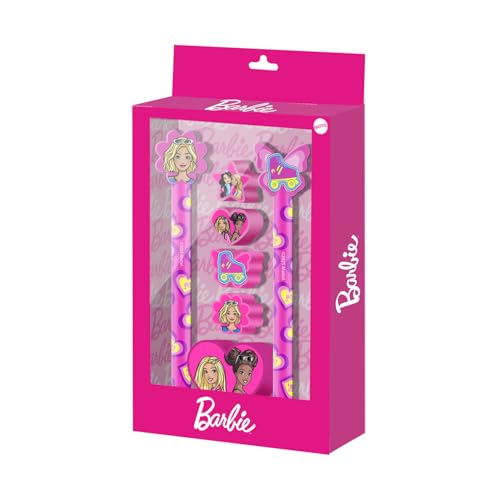 Karactermania Barbie Mix-Pack de Bolígrafo de Gel Borrable + Lápiz Eternal + 4 Gomas + Sacapuntas, Rosa, 14 x 23 cm
