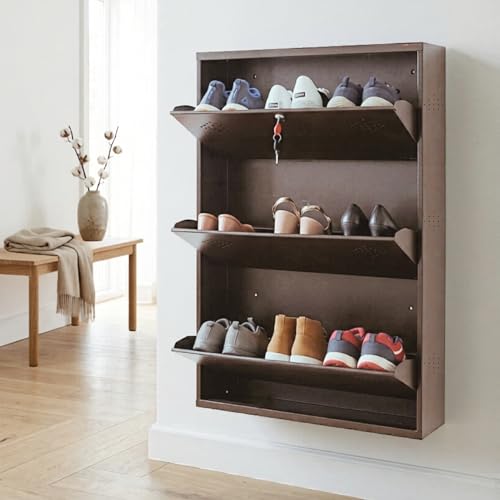 Image of 3 Door Wall Mounted Metal Shoe Rack Cabinet with Lock | Space Saving Shoe Storage Cabinet for Home, Entryway & Balcony | Dustproof Ventilated Shoe Organizer | Brown | 39 x 26 x 6 in