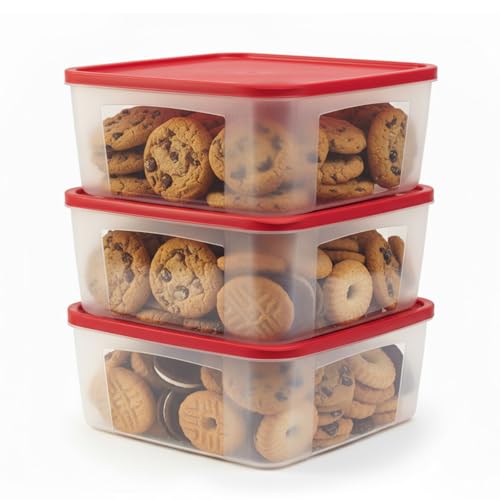 ADECTA Cookie Storage Containers Airtight - 3-Pack 3.7L Square Plastic Containers With Lids for Baked Goods, Cupcake Storage & Meal Prep - BPA Free, Airtight Flat Reusable Muffin Storage Container