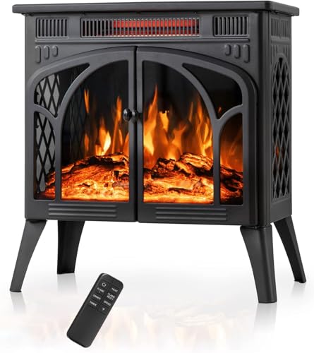 Electactic 24Inch Electric Fireplace Stove, Free-Standing Infrared Fireplace Stove, Controllable 3D Flame, 4 Variable Flame&Log Colors, 1500w, 5100BTU,TC(50℉-99℉),Black,23.5' L X 10.7' W X 24.3' H