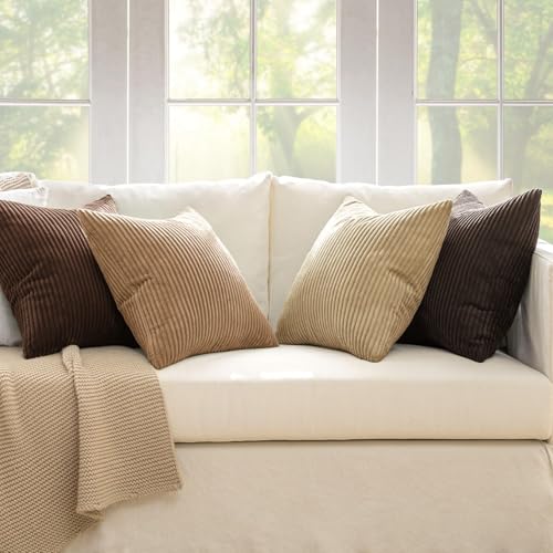 Image of MIULEE Boho Farmhouse Throw Pillow Covers 18x18 Inch Set of 4 Rustic Mordern Neutral Cushion Covers Soft Corduroy Nordic Fall Home Decor for Couch Bed Sofa Living Room Dark Brown
