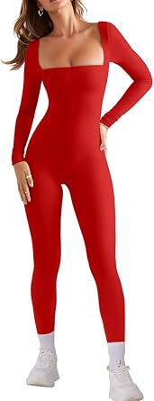 HYZ Womens Fall Long Sleeve Square Neck High Stretchy Fitted Going Out One Piece Jumpsuit