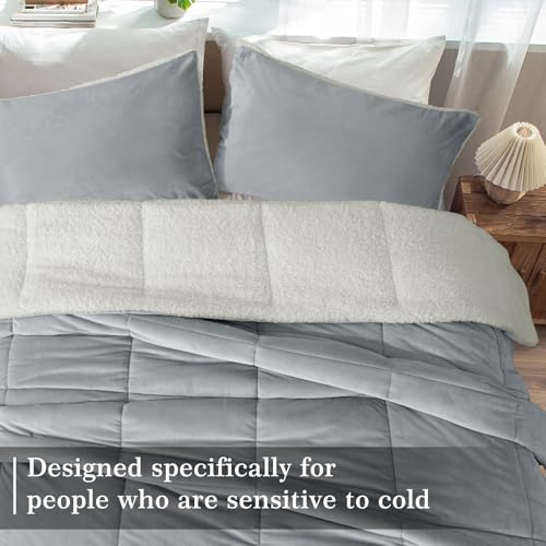 Image of MERITLIFE Fluffy Sherpa Queen Size Bedding Comforter Sets Queen Comforter Set-3 Pieces Bed in a Bag Light Grey Soft Comforter and Pillowcase Luxury Warm Bedding Set for Winter