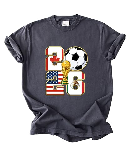 2026 World Cup Soccer Trophy Flag Graphic Tee for Women Host Nation Football Fan Shirt Match Day Gift Tournament Style Aesthetic(-Graphite-Adult Large) - (Comfort Color.)
