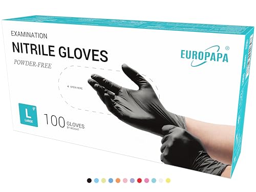 EUROPAPA® 100x Nitrilhandschuhe Box Einweghandschuhe, Einmalhandschuhe, Untersuchungshandschuhe, Nitril Handschuhe, puderfrei, ohne Latex, unsteril, latexfrei, disposible gloves (L, Schwarz)
