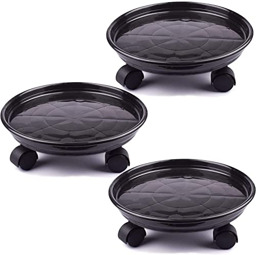 AOFOX 3 packs 30cm Plastic Pallet Caddy Plant Stand Round Flower Pot Mover, Heavy Duty Plant Pot Pallet Dolly Caster With Wheels (Black)