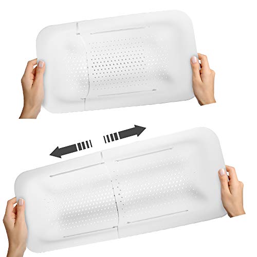 Picowe Collapsible Colander Over The Sink Plastic Oval Strainer Basket for Drain Wash Veggie Fruit Pasta Extendable Essential Draining Rack (White)