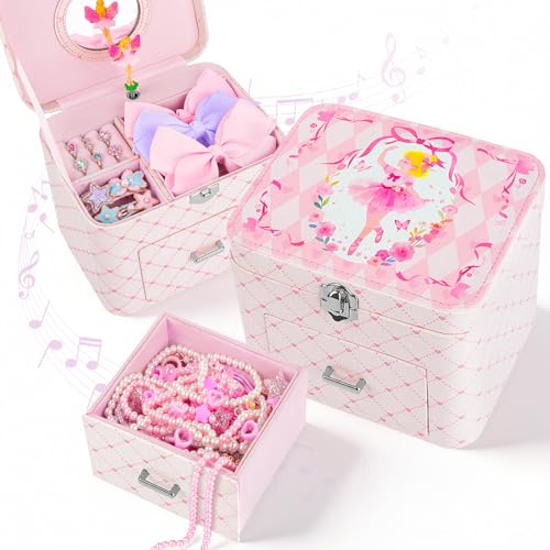 Basumee Musical Jewelry Box for Girls PU Leather Music Box with Drawer Large Kids Jewelry Organizer with Unicorn/Ballerina Jewelry Storage for Little Girls Ages 3–10, Birthday & Holiday Present