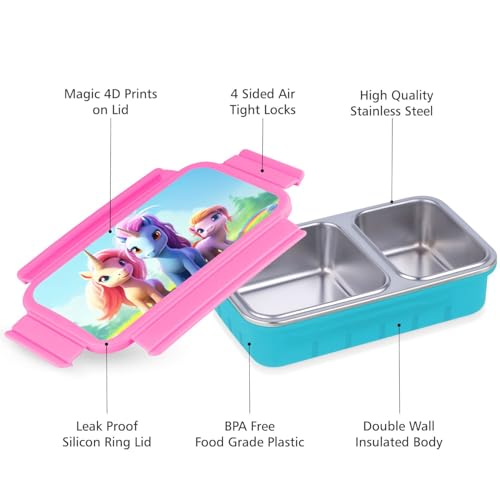 Image of Aliensware 4D Bento Kids Lunch Box with 2 Compartment, Microwave-Safe BPA Free Advance Coating Stainless Steel Kids Lunch Box, Food Grade Tiffin Box for School, College, Picnic, office-500ml(MB01-PNK)